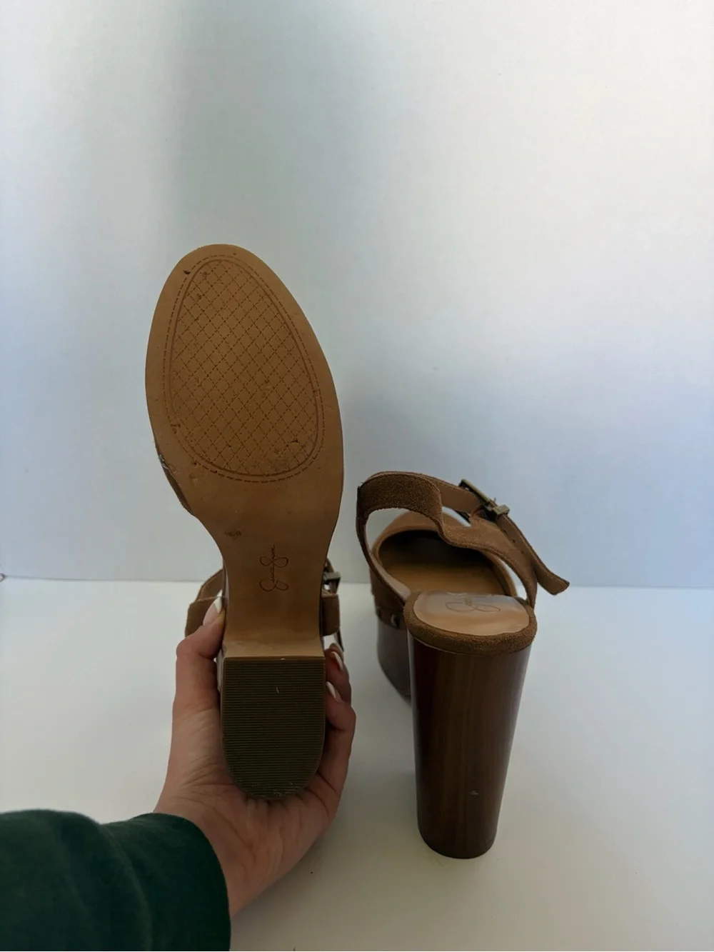 Jessica Simpson Draiye platform suede sandal wood heel studs brown ladies 9